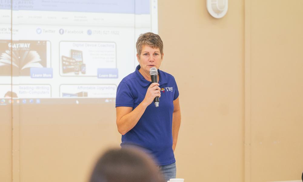Coffee and Connect instructor speaking to class.