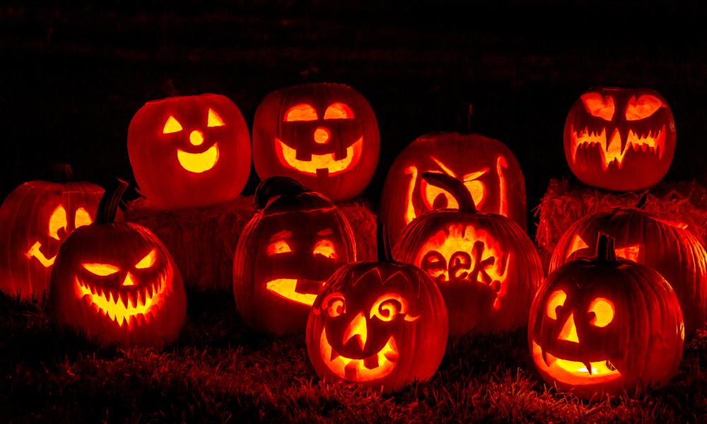 A group of carved pumpkins.