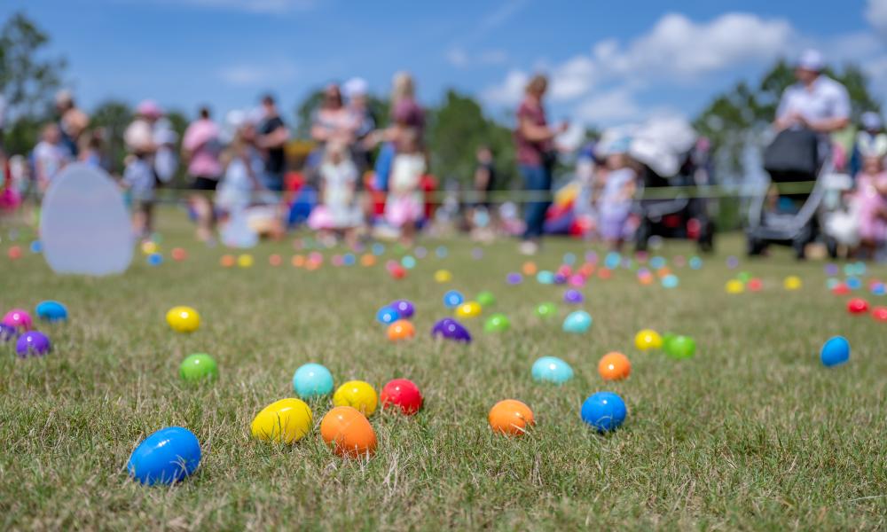 Easter eggs scattered all over a lawn with people in the background.
