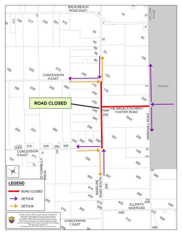 Temporary Road Closure map showing closure of the intersection of Baseline Road South and Angela Schmidt Foster Road