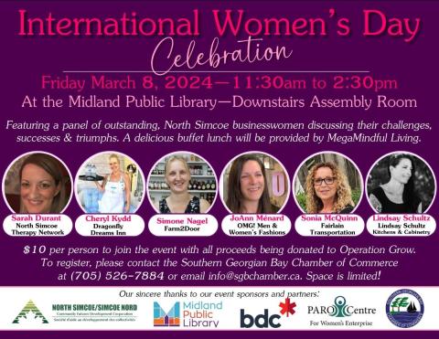 Poster for the international women's day celebration on friday march 8, 2024 at the midland public library