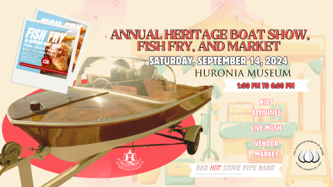 animated image of a boat with information about the Huronia Museum's Heritage Boat Show and Fish Fry