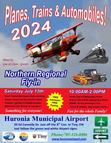 Planes, Trains, and Automobiles 2024 fly in event taking place at the Huronia Airport on July 13 from 10 am to 2 pm