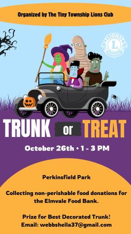 Tiny Township Lion's Club Trunk or Treat poster at Perkinsfield Park from 1-3 p.m. on October 26th