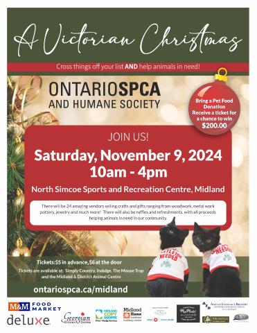 Midland OSPCA A Victorian Christmas poster - Saturday Nov 9 2024 from 10am to 4pm at the North Simcoe Sports and Recreation Centre in Midland