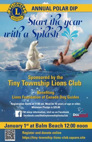 a polar bear and a man with swim shorts on diving into cold water with text reading Start the year with a splash and information about the Tiny Township Lions Club polar dip