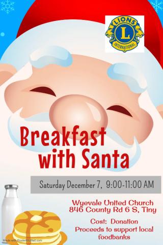 large animated santa, pancakes, and milk with details about the Breakfast with Santa event held by the Tiny Township Lions Club