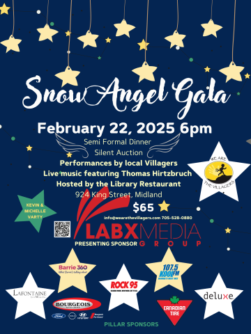 event poster for the snow angel gala on February 22 at 6pm hosted by We are the Villagers